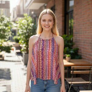 Paper Crane Multicolor Boho Halter Tank Top – Women’s Size L Festival Blouse